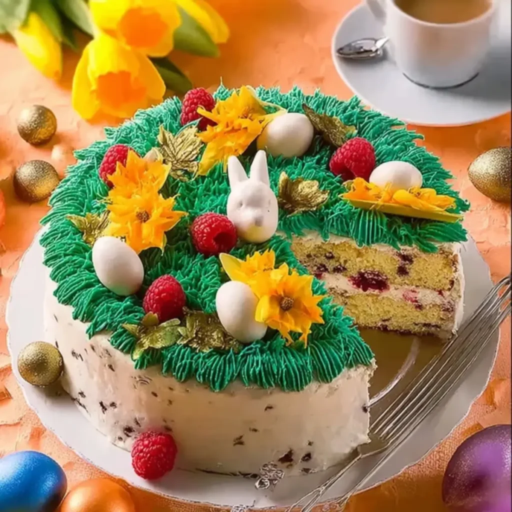 Bunte Ostertorte mit Himbeerfüllung
