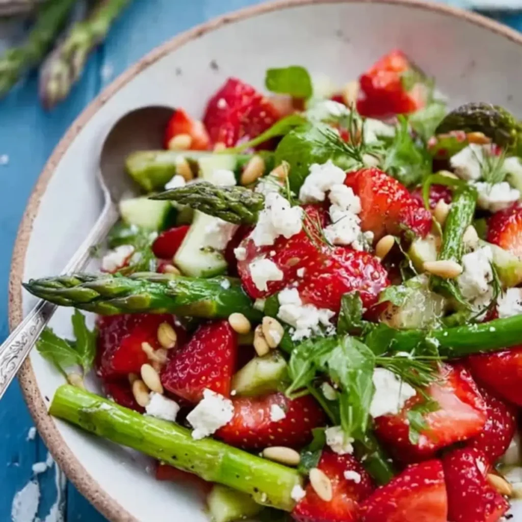 # Erdbeer-Spargel-Salat mit Feta und Pinienkernen – schnell & frischDer Erdbeer-Spargel-Salat mit Feta und Pinienkernen ist ein echter Sommerstar: fruchtig-süße Erdbeeren treffen auf zarten grünen Spargel, dazu würziger Feta und geröstete Pinienkerne. Alles wird von einem fein abgestimmten Honig-Senf-Dressing mit Orangensaft abgerundet. In nur 20 Minuten zauberst du einen erfrischenden, ausgewogenen Salat, der perfekt für heiße Tage ist – egal ob als Beilage oder leichtes Hauptgericht.## Warum dieser Salat mehr ist als nur “schnell gemacht”Dieser Salat bringt nicht nur Farbe auf den Teller, sondern vereint auch verschiedene Aromen und Texturen in perfektem Gleichgewicht: süß, würzig, nussig, cremig und knackig. Der grüne Spargel bleibt leicht bissfest und harmoniert wunderbar mit den saftigen Erdbeeren. Geröstete Pinienkerne sorgen für den nussigen Crunch, während der Feta salzige Tiefe einbringt. Das Dressing hebt alles auf ein neues Level – mit fruchtiger Frische durch Orangensaft und einer dezenten Schärfe vom Senf. Du brauchst wenig Aufwand, bekommst aber viel Geschmack.## Das brauchst du an Küchenhelfern* Topf zum Kochen des Spargels
* Pfanne (beschichtet) zum Rösten der Pinienkerne
* Schneidebrett und scharfes Messer
* Große Schüssel zum Mischen
* Kleine Schüssel oder Glas mit Deckel fürs Dressing
* Salatschüssel zum Servieren## Zutaten (für 4 Portionen)* 500 g grüner Spargel
* 250 g Erdbeeren
* 100 g Feta
* 30 g Pinienkerne
* 2 Frühlingszwiebeln
* 1 Handvoll Basilikum
* 1 Handvoll Rucola
* 2 EL Weißweinessig
* 2 EL Orangensaft
* 1 TL Honig
* 1 TL Senf
* 3 EL Olivenöl
* Salz und Pfeffer## Schritt-für-Schritt-Anleitung1. **Spargel vorbereiten:**
Grünen Spargel waschen, die holzigen Enden abschneiden und das untere Drittel schälen. Dann die Stangen längs halbieren und in etwa 4–5 cm lange Stücke schneiden. In leicht gesalzenem, kochendem Wasser ca. 5 Minuten garen – der Spargel sollte noch leicht bissfest sein. Direkt in kaltem Wasser abschrecken und gut abtropfen lassen.2. **Pinienkerne rösten:**
Während der Spargel kocht, die Pinienkerne in einer trockenen Pfanne bei mittlerer Hitze goldbraun rösten. Dabei regelmäßig schwenken, da sie schnell verbrennen können. Danach abkühlen lassen.3. **Frisches Gemüse vorbereiten:**
Frühlingszwiebeln putzen, waschen und in feine Ringe schneiden. Basilikumblätter waschen, trocken schütteln, ein paar schöne Blätter für die Deko beiseitelegen, den Rest in feine Streifen schneiden. Rucola ebenfalls waschen und trocknen, aber nicht schneiden. Erdbeeren entstielen, waschen und je nach Größe halbieren oder vierteln.4. **Dressing anrühren:**
In einer kleinen Schüssel oder einem Schraubglas Essig, Orangensaft, Honig, Senf, Salz, Pfeffer und Olivenöl gründlich verquirlen oder schütteln, bis ein cremiges Dressing entsteht.5. **Salat zusammenstellen:**
Spargelstücke, Frühlingszwiebeln, Pinienkerne, Basilikumstreifen und Erdbeeren in eine große Schüssel geben. Feta direkt darüber zerbröseln. Das Dressing darübergießen und alles vorsichtig vermengen, damit die Erdbeeren nicht zerdrückt werden.6. **Anrichten:**
Den Salat mit Salz und Pfeffer abschmecken. Auf Tellern oder in einer großen Schüssel anrichten und mit Rucola sowie den restlichen Basilikumblättern garnieren.## Tipps, Troubleshooting und häufige Fehler* **Spargel zu weich:**
Achte genau auf die Garzeit. 5 Minuten reichen für grünen Spargel völlig aus – er sollte noch leicht knackig sein. Nach dem Kochen unbedingt abschrecken, um den Garprozess zu stoppen.* **Dressing gerinnt oder schmeckt zu sauer:**
Wenn das Dressing zu intensiv ist, gib etwas mehr Orangensaft oder eine kleine Prise Zucker dazu. Ist es zu dünn, hilft ein zusätzlicher Teelöffel Senf für mehr Bindung.* **Erdbeeren matschen im Salat:**
Erdbeeren erst ganz am Ende unterheben und nicht zu kräftig mischen. Sie geben sonst zu viel Flüssigkeit ab und verlieren ihre Form.* **Pinienkerne verbrennen leicht:**
Röste sie bei mittlerer Hitze ohne Fett und behalte sie im Blick. Sobald sie duften und Farbe bekommen, sofort vom Herd nehmen.## Was passt dazu? Ideen zum Kombinieren und VariierenDieser Erdbeer-Spargel-Salat mit Feta und Pinienkernen schmeckt pur großartig, lässt sich aber auch wunderbar erweitern oder kombinieren:* **Beilagen:** Serviere den Salat mit frischem Baguette, Ciabatta oder einem Körnerbrot.
* **Eiweiß-Booster:** Gegrilltes Hähnchenbrustfilet oder gebratener Halloumi machen daraus eine sättigende Mahlzeit.
* **Körnige Variation:** Mische etwas gekochten Quinoa oder Couscous unter – ideal für ein gesundes Lunch to go.
* **Fruchtige Abwandlung:** Statt Erdbeeren kannst du auch Himbeeren oder Mango verwenden, je nach Saison.
* **Nuss-Alternative:** Keine Pinienkerne da? Geröstete Walnüsse oder gehackte Mandeln passen ebenfalls gut.## FAQs zum Erdbeer-Spargel-Salat mit Feta und Pinienkernen### Kann ich weißen Spargel statt grünem verwenden?Ja, aber beachte: Weißer Spargel muss komplett geschält werden und braucht eine längere Garzeit – etwa 8 bis 10 Minuten. Außerdem hat er einen etwas milderen Geschmack, was das Gesamtaroma verändert.### Wie lange hält sich der Erdbeer-Spargel-Salat im Kühlschrank?Am besten schmeckt er frisch. Wenn du etwas übrig hast, kannst du ihn für maximal 24 Stunden im Kühlschrank aufbewahren. Lagere das Dressing separat, wenn du ihn vorbereitest – das verhindert, dass die Erdbeeren zu schnell weich werden.### Kann ich den Erdbeer-Spargel-Salat mit Feta vegan zubereiten?Absolut. Ersetze den Feta durch eine vegane Feta-Alternative und verwende anstelle von Honig einen veganen Süßungsmittelersatz wie Agavendicksaft. Der Rest des Rezepts ist bereits pflanzenbasiert.## FazitDer Erdbeer-Spargel-Salat mit Feta und Pinienkernen bringt Farbe, Frische und Geschmack auf den Teller – ohne stundenlanges Vorbereiten. Das Spiel aus süßen Erdbeeren, knackigem Spargel, würzigem Feta und nussigen Röstaromen ist genau das, was man sich an einem warmen Tag wünscht. Ob als leichtes Mittagessen, Beilage zum Grillen oder sommerlicher Start in ein Menü – dieser Salat macht einfach Freude.