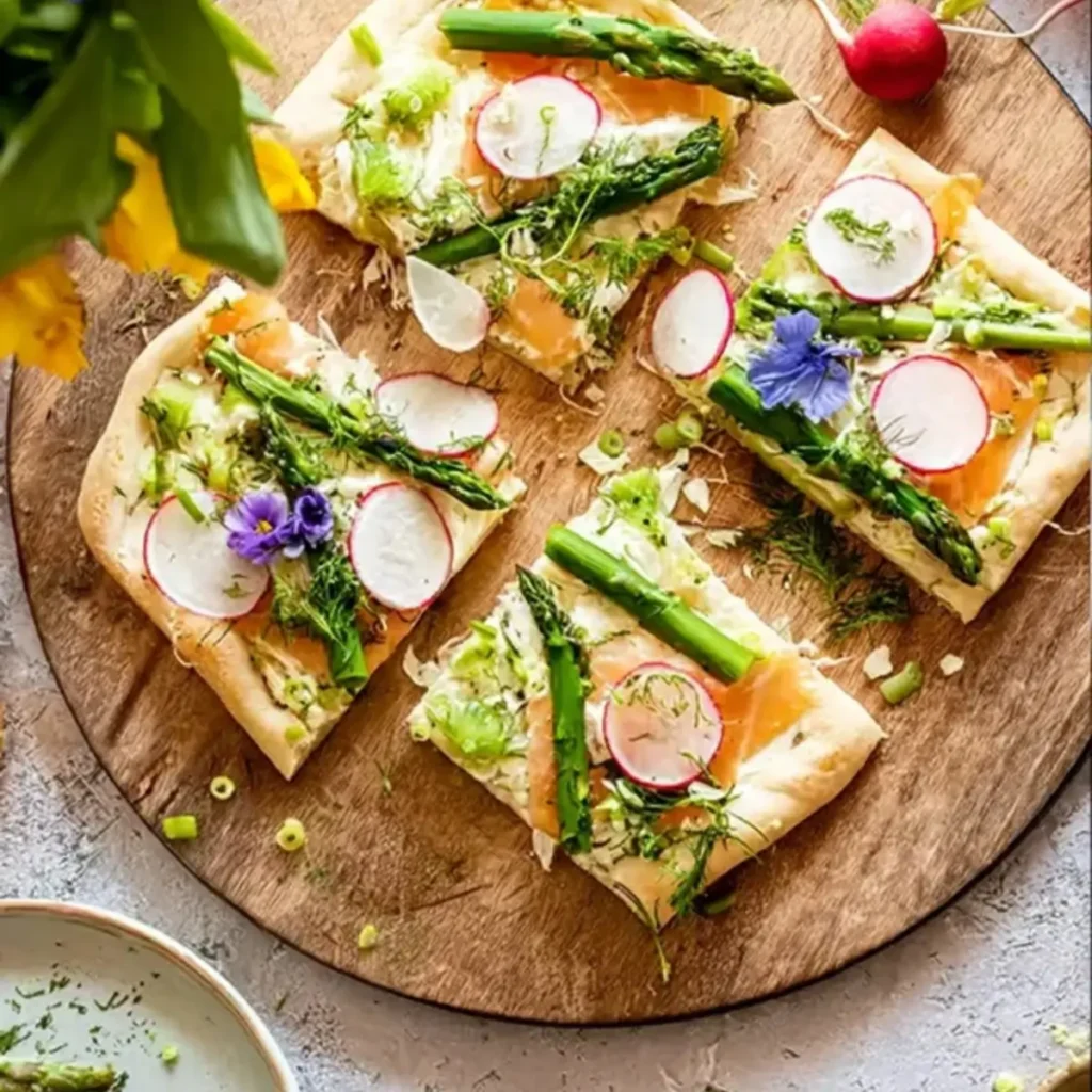 Frühlings-Flammkuchen mit Spargel und Radieschen