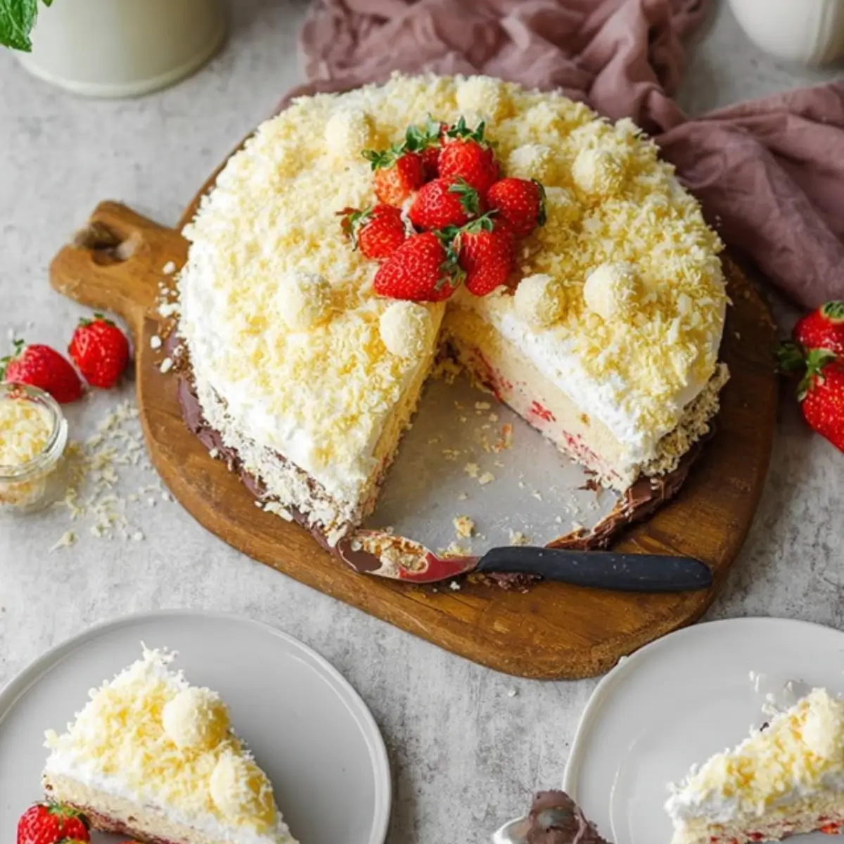 Heller Maulwurfkuchen mit Erdbeeren und Raffaelos