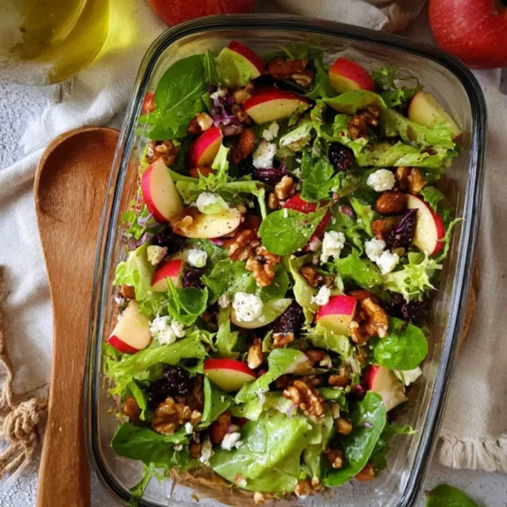 Salat mit Knoblauchdressing, Feta, Nüssen und Äpfeln