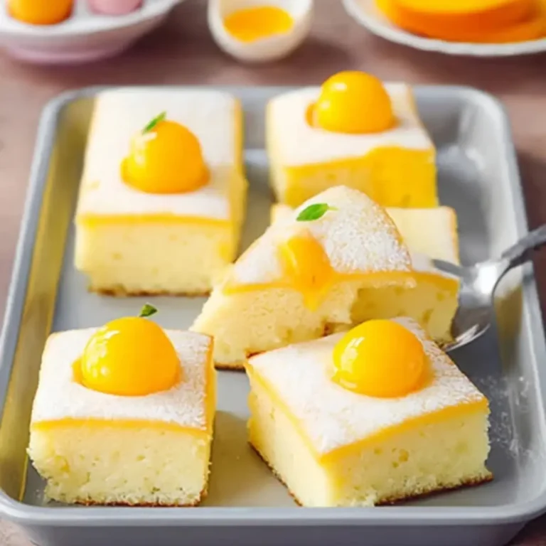 Spiegeleikuchen vom Blech mit Quark und Pfirsich