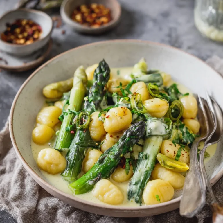 Grüner Spargel in cremiger Rahmsauce mit Gnocchi