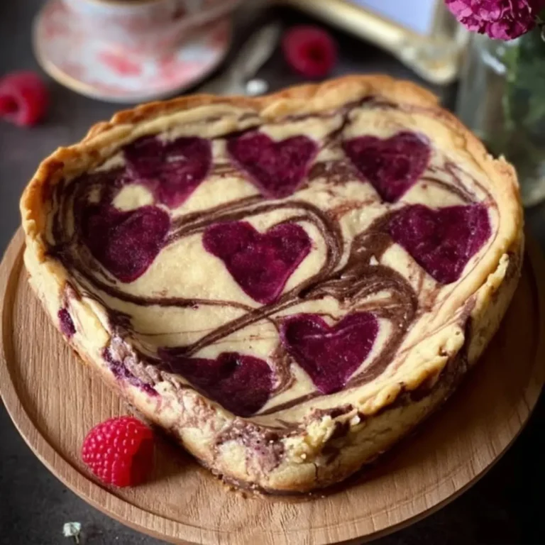 Veganer Käsekuchen mit Nutella-Swirl und Himbeer-Herzen