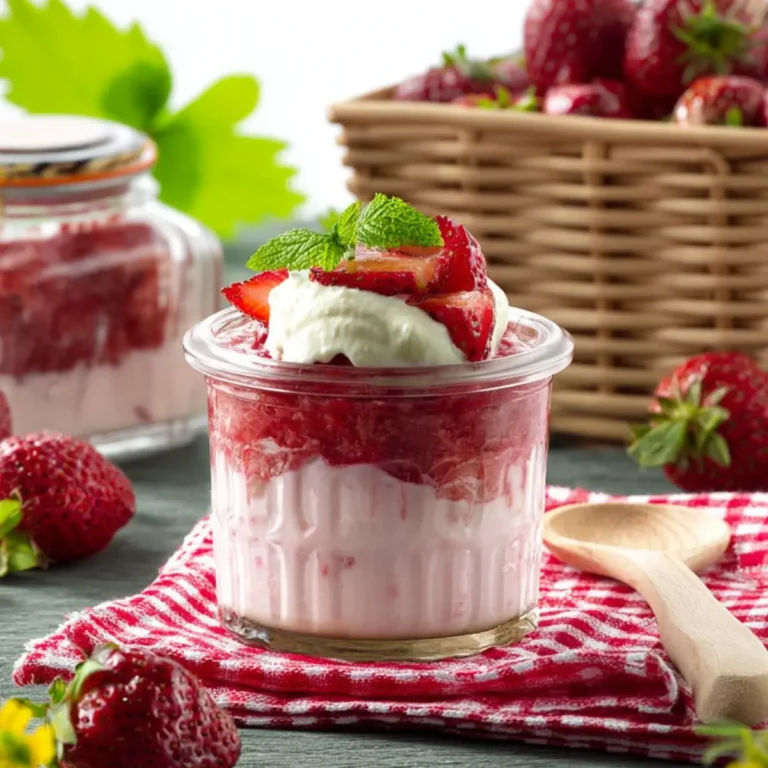 Erdbeerdessert mit Quark im Glas