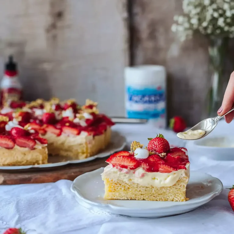 Erdbeerkuchen vom Blech mit Vanillepudding