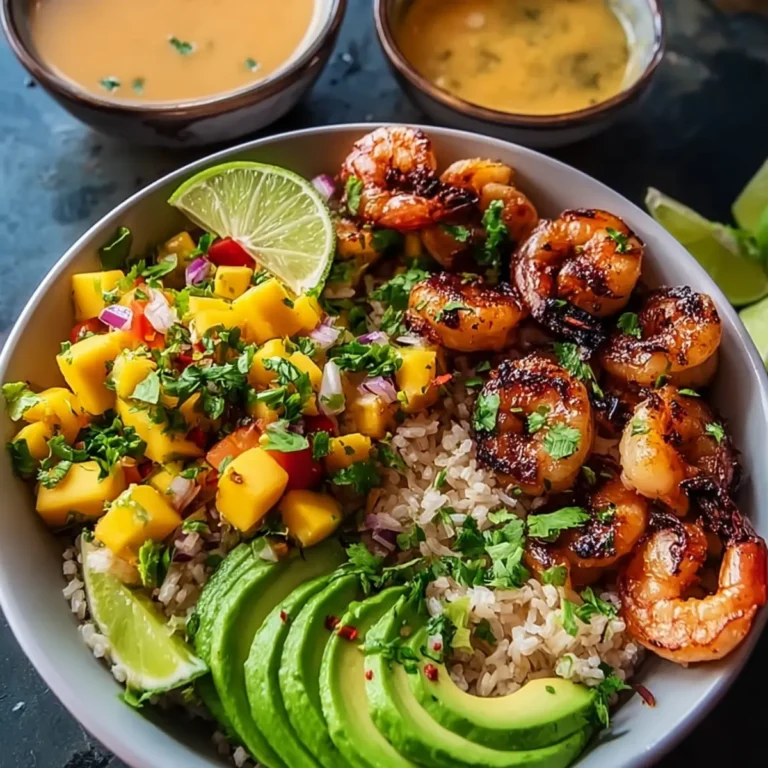 Garnelen und Avocado Bowls mit Mango Salsa und Limetten Chili Sauce