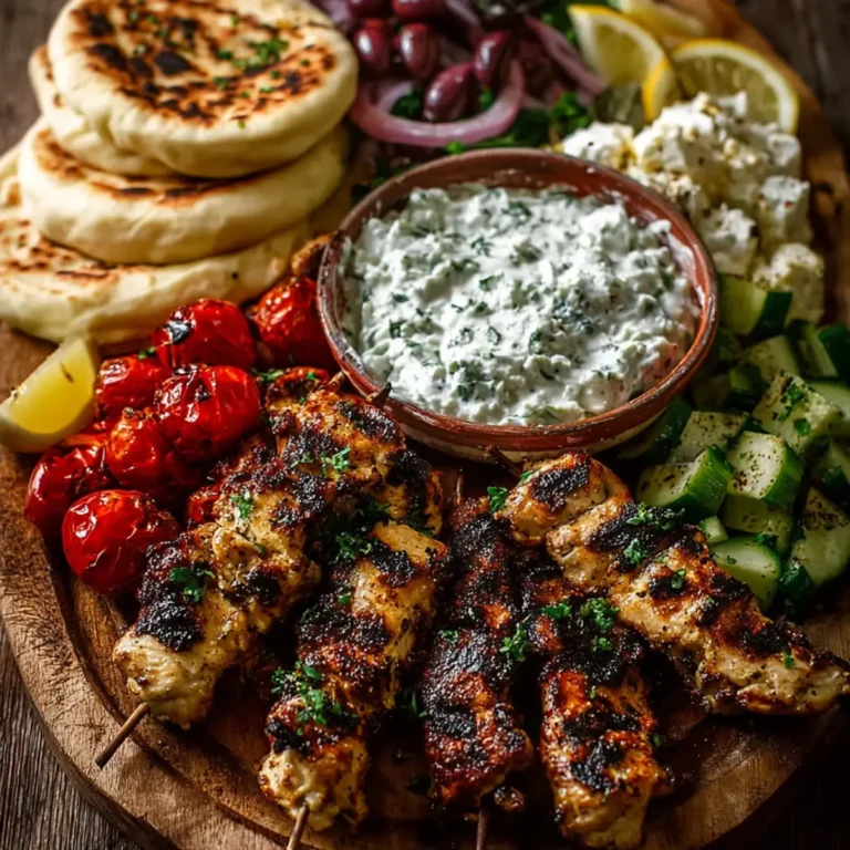 Griechische Hähnchen Souvlaki Platte mit Feta Dip