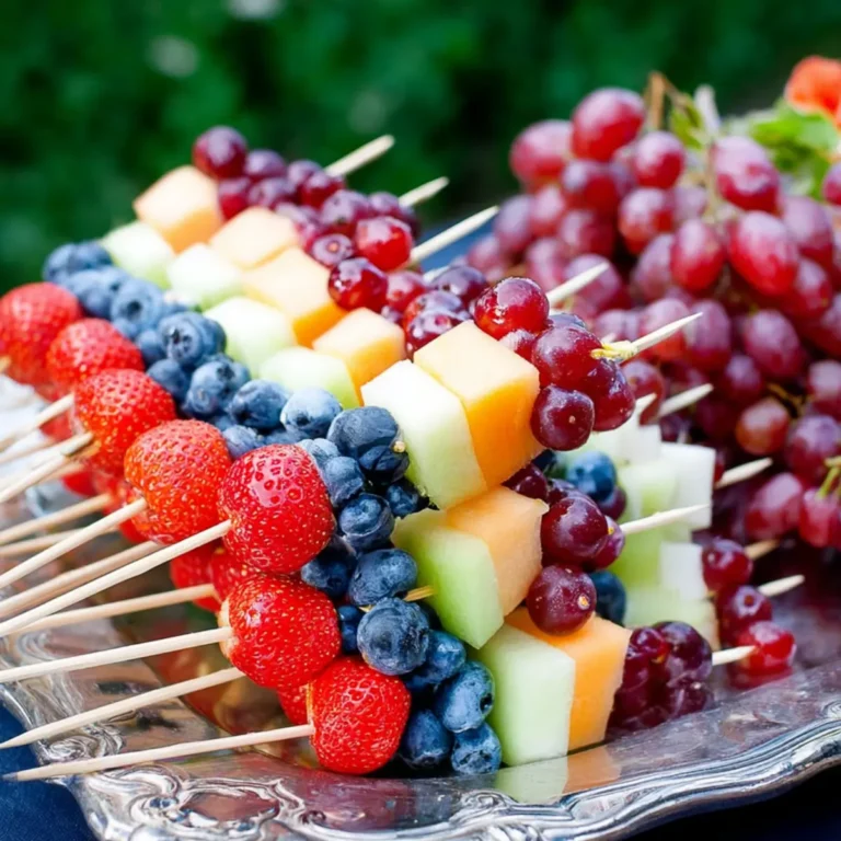 Obstspieße mit Melone, Erdbeeren, Trauben und Blaubeeren