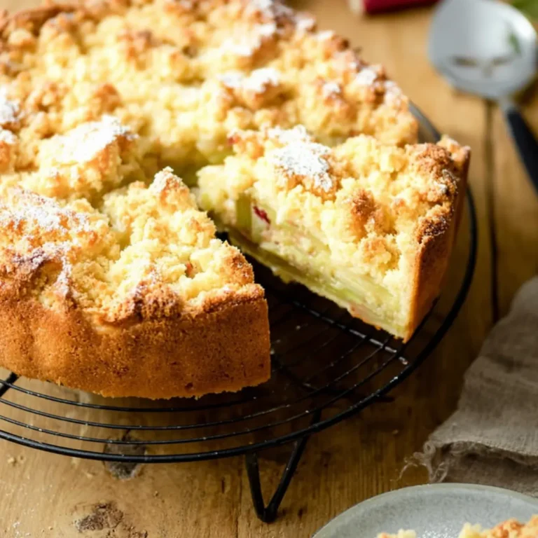 Omas Rhabarberkuchen mit Pudding und Streusel