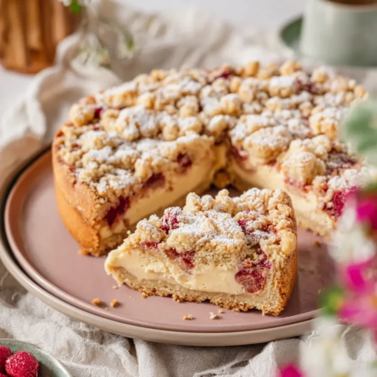Rhabarber Streuselkuchen mit Vanillepudding