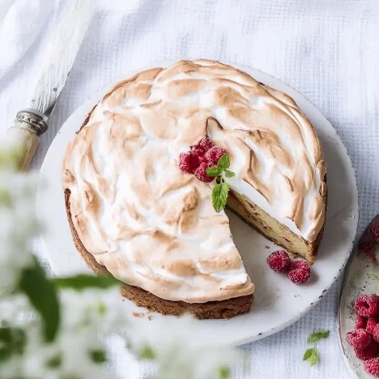 Rhabarberkuchen mit Baiserhaube und Mürbeteig