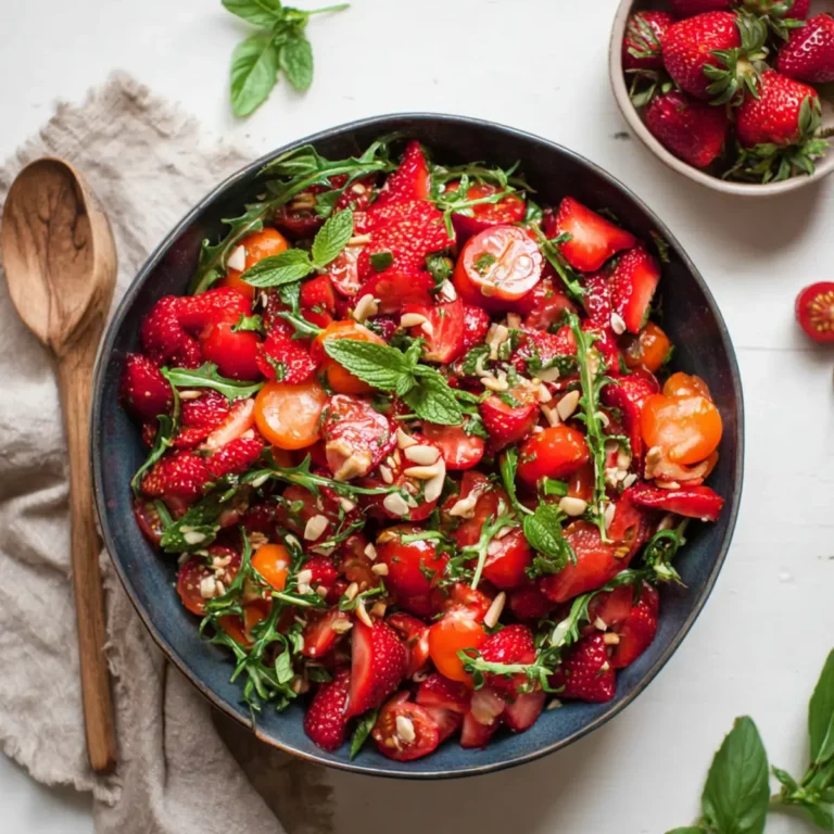 Salat mit Erdbeeren, Tomaten, Minze und Basilikum