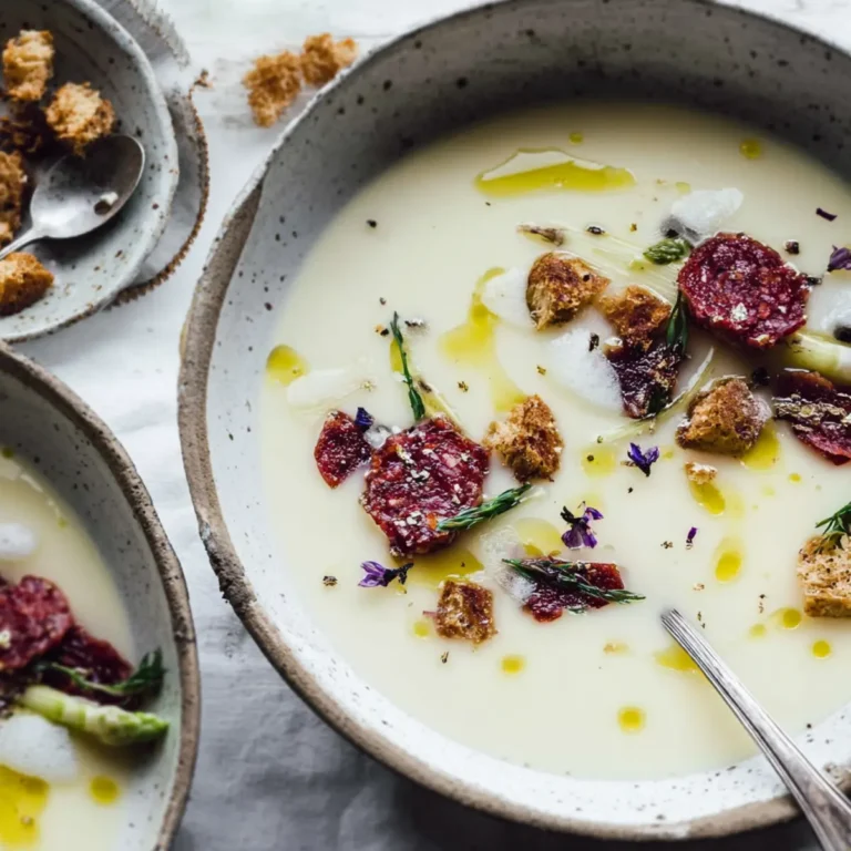 Spargelsuppe aus Spargelschalen mit Salami Chips und Croûtons