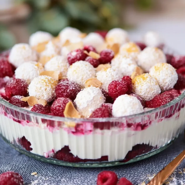 Windbeutel Dessert mit Raffaello, Himbeeren und Quarkcreme