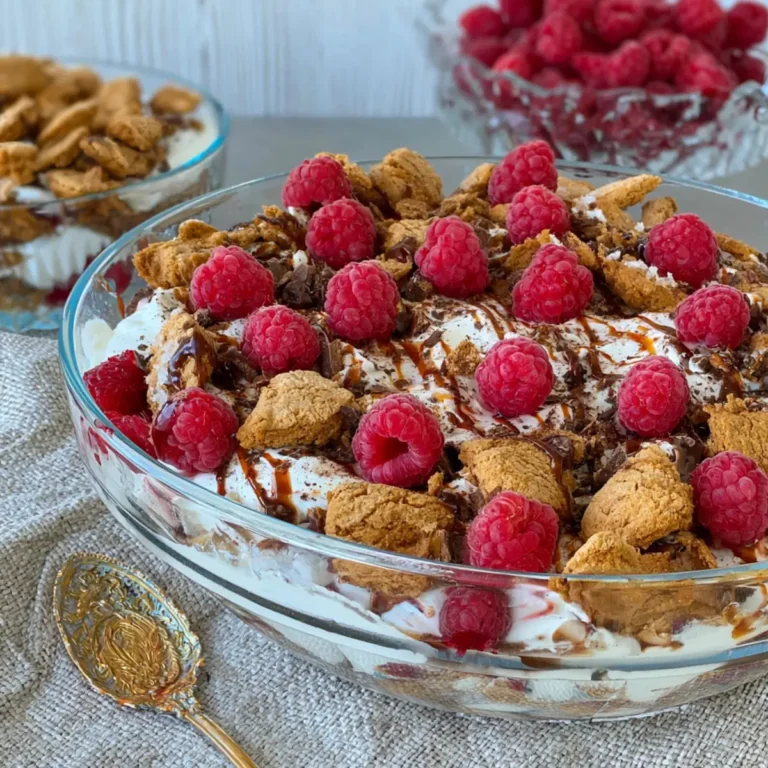 Dessert mit Himbeeren und Keksen