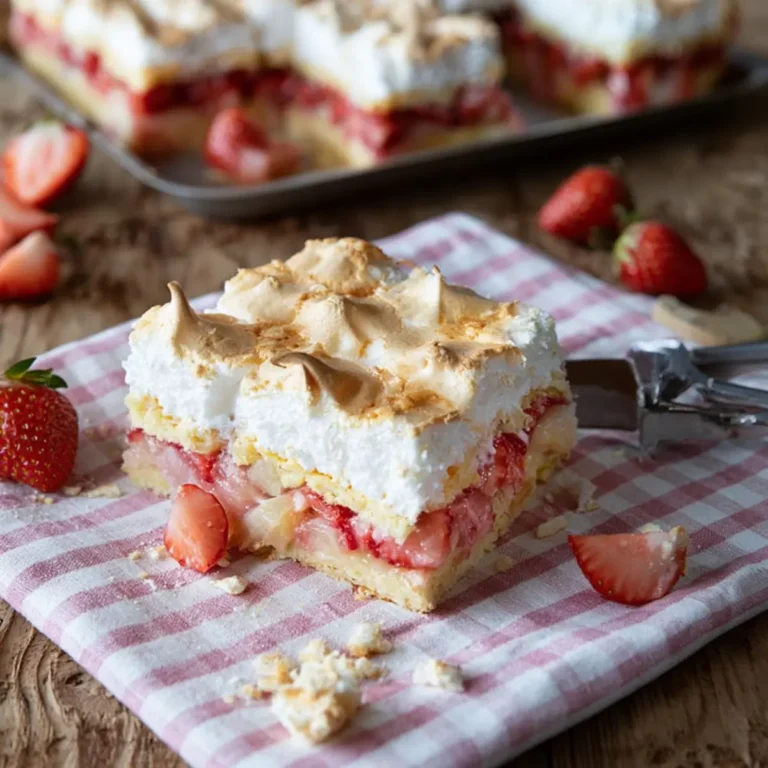 Erdbeer Rhabarberkuchen mit Mandel Baiser vom Blech
