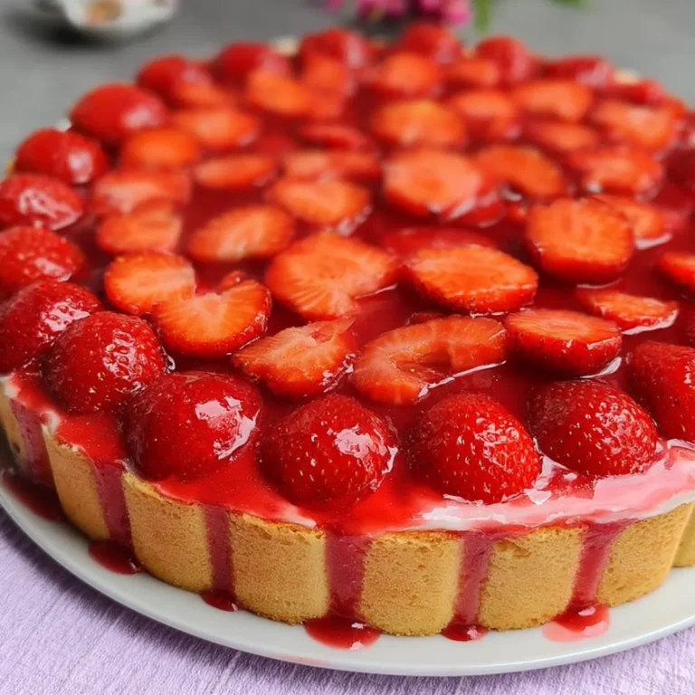 Erdbeerkuchen mit Pudding und Biskuitboden