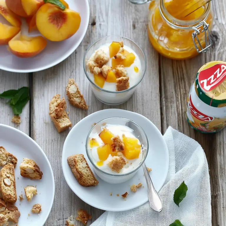 Joghurt Cantuccini Dessert mit Pfirsichen