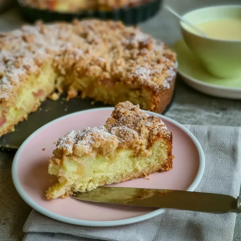 Rhabarberkuchen mit Streuseln & Vanillepudding
