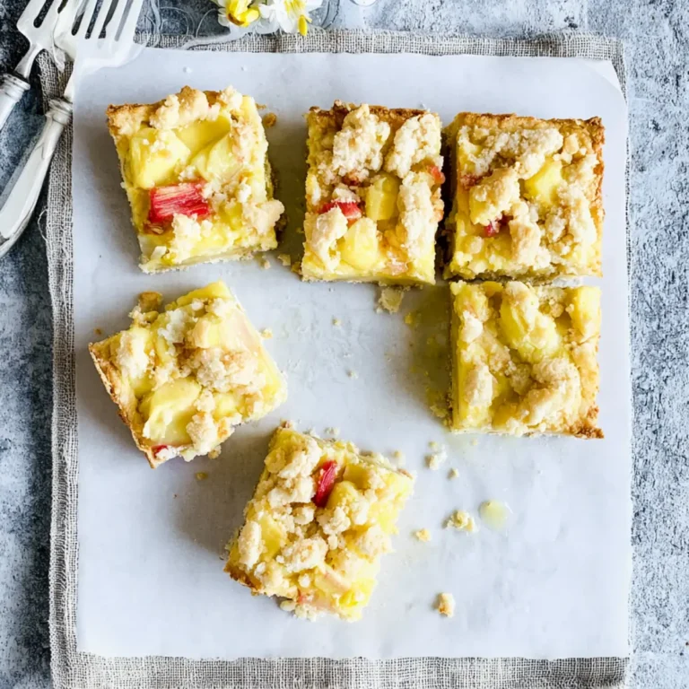 Rhabarberkuchen vom Blech mit Pudding und Streusel