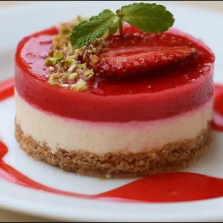 Rhabarbermousse auf Spekulatius Crunch mit Erdbeerspiegel