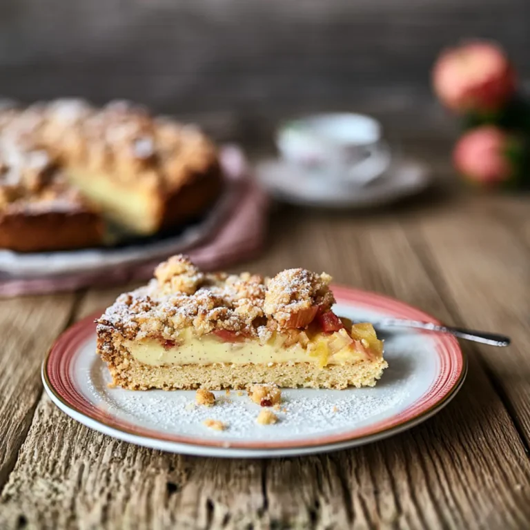 Omas Rhabarberkuchen mit Vanillepudding und Streusel