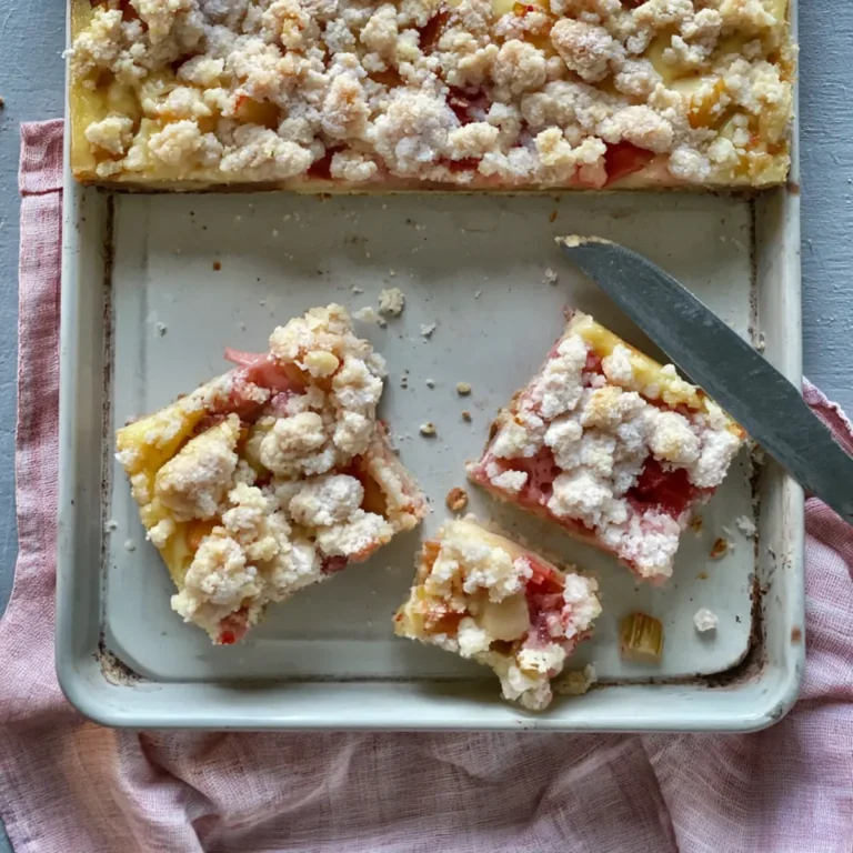 Rhabarberkuchen vom Blech mit Pudding und knusprigen Streusel