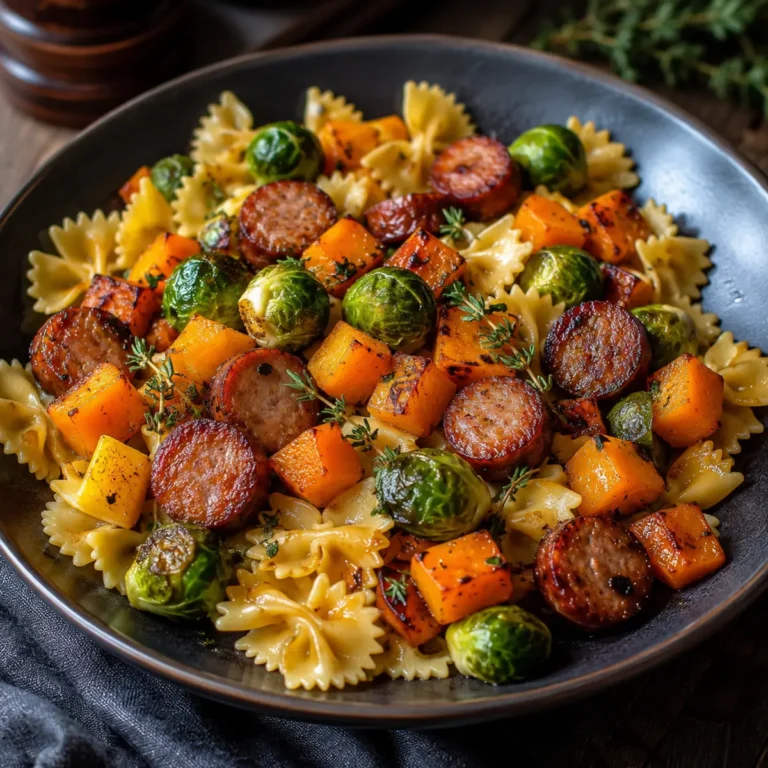 Herbstgericht mit Wurst, Pasta, Rosenkohl und Butternusskürbis