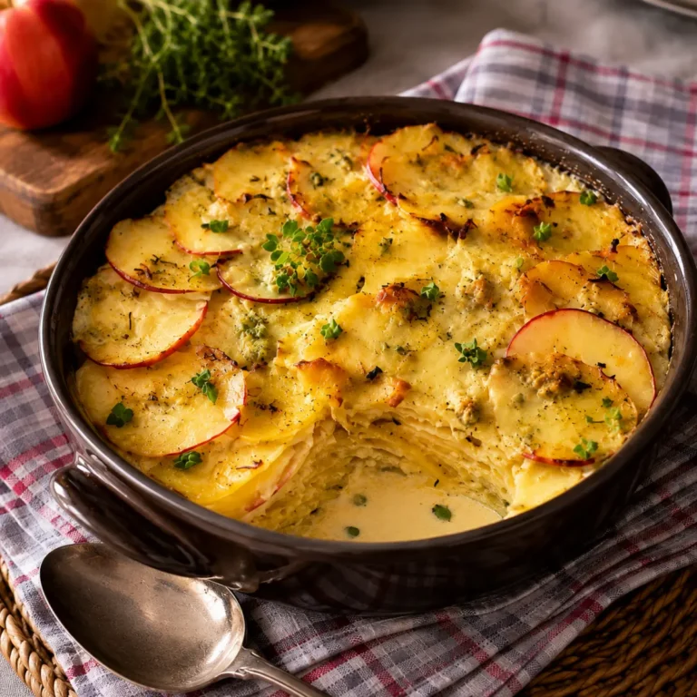 Steckrüben-Kartoffel-Gratin mit Apfelscheiben und Gorgonzola